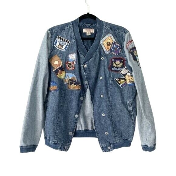 GUESS Originals Size M Asymmetric Denim Patchwork Bomber Jacket Jean - Picture 6 of 13